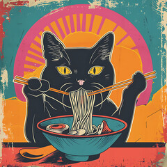 Adorable Cat Indulging in Ramen with Vibrant Stripes Against a Colorful Sunset Background in a Whimsical and Playful Illustrative Style