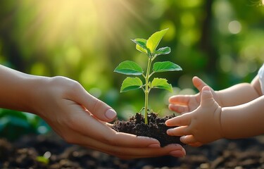 Nurturing hands of a child and adult holding a delicate plant in nature with sunlight filtering through green foliage