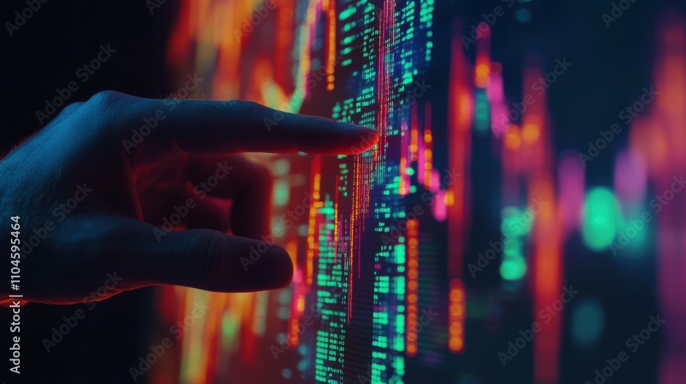 Poster hand interacting with colorful data visualization on digital screen