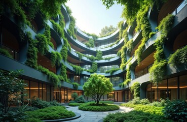 Fototapeta premium Modern eco-friendly office building stands in city center. Rich vertical garden covers building facade reducing carbon footprint. Sustainable design incorporates trees, plants. Green environment
