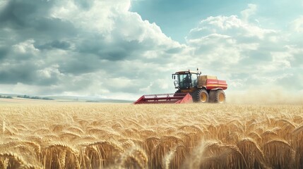 Obraz premium A precision harvester working in a field of wheat under cloudy skies