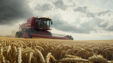 Obraz premium A precision harvester working in a field of wheat under cloudy skies