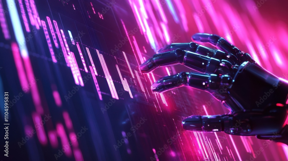 Poster futuristic robotic hand interacting with digital interface in neon colors