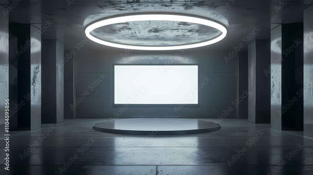 Poster futuristic product showcase: a sleek, minimalist product display with a blank canvas and a circular 