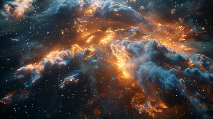 Obraz premium Glowing Orange Flames Crashing Through Cosmic Space with Celestial Clouds and Twinkling Stars in a Stunning Visual Display of Abstract Art