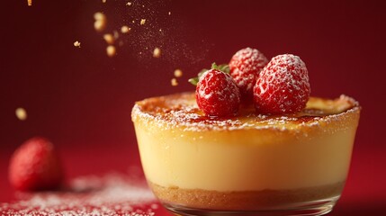 falling Crème Brûlée on solid background color deep red