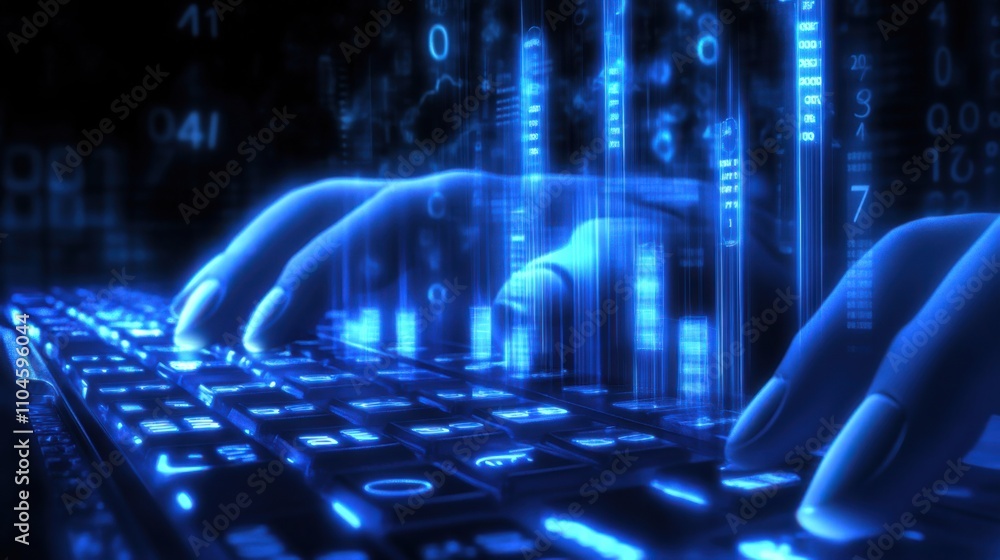 Poster futuristic hands typing on keyboard with digital code visualization