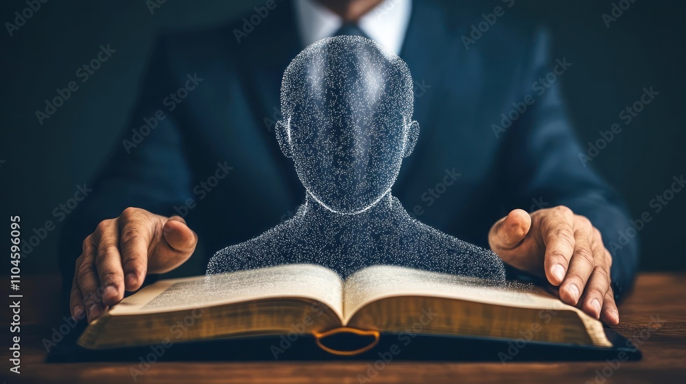 Poster a person in a suit with an ethereal figure above an open book, symbolizing knowledge.