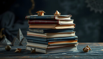 Stack of magic literature on the magician table. Witchcraft isolated with white highlights, png