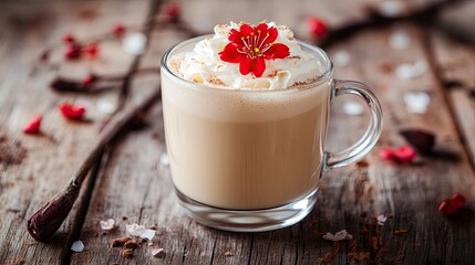 Creamy Beverage with Whipped Topping and Flower Garnish on Wood Table