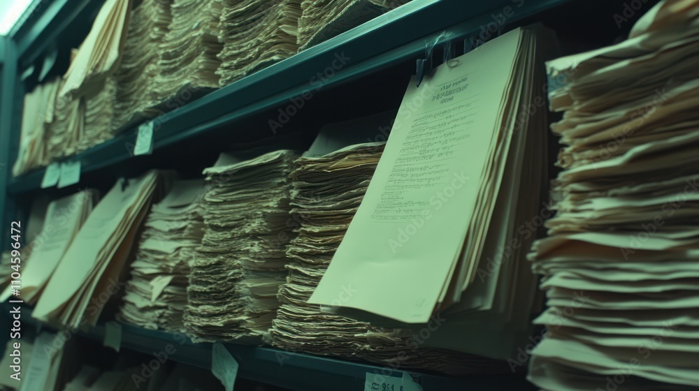 Aufkleber a close-up view of stacked papers in a filing system, suggesting organization and documentation.