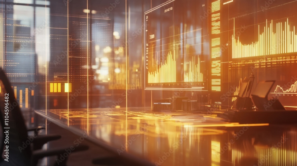 Poster futuristic financial workspace with data visualization on screens