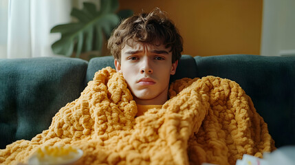 Unwell Young Man Wrapped in a Cozy Blanket on Sofa