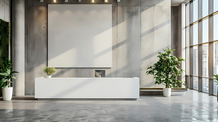 Modern Lobby with Blank Canvas: A minimalist, industrial-chic lobby with a blank canvas, ready for your brand or message. The sleek reception desk, concrete walls.