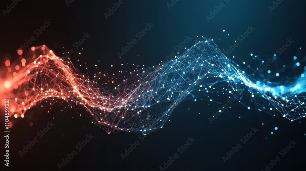 Poster abstract digital wave with red and blue nodes representing data flow and connectivity.