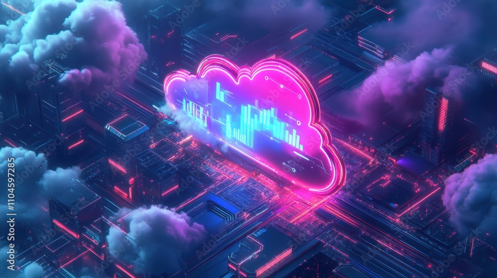 Aufkleber futuristic cloud technology with neon visualization and data elements