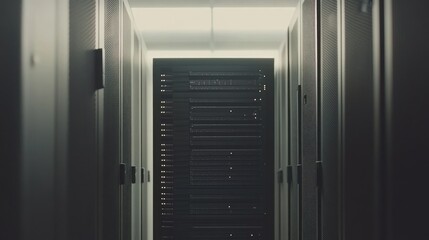 A corridor lined with server racks, illuminated by overhead lights.