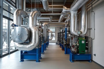 industrial HVAC system with silver pipes and ducts in boiler room