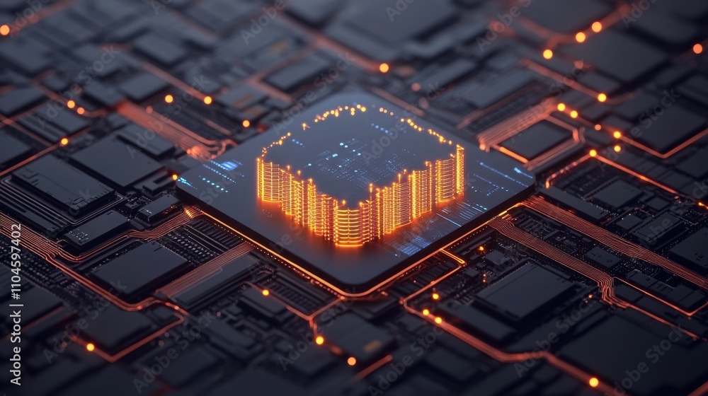 Aufkleber futuristic microchip with glowing circuitry on dark background