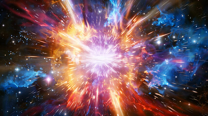 Vibrant Explosion of Color with Radiant Beams in Space, Capturing the Essence of Celestial Energy and Cosmic Beauty in a Stunning Visual Display