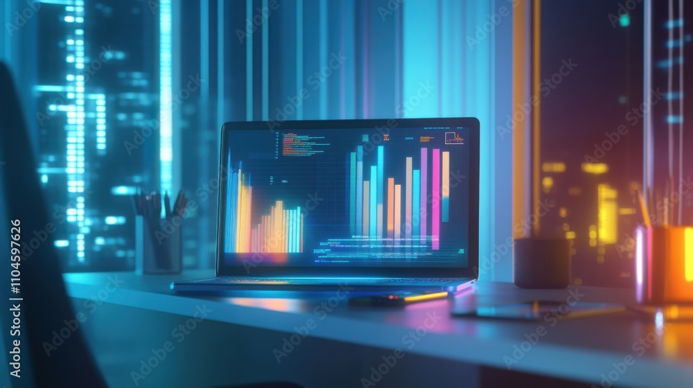Poster modern workspace with laptop displaying data visualizations at night