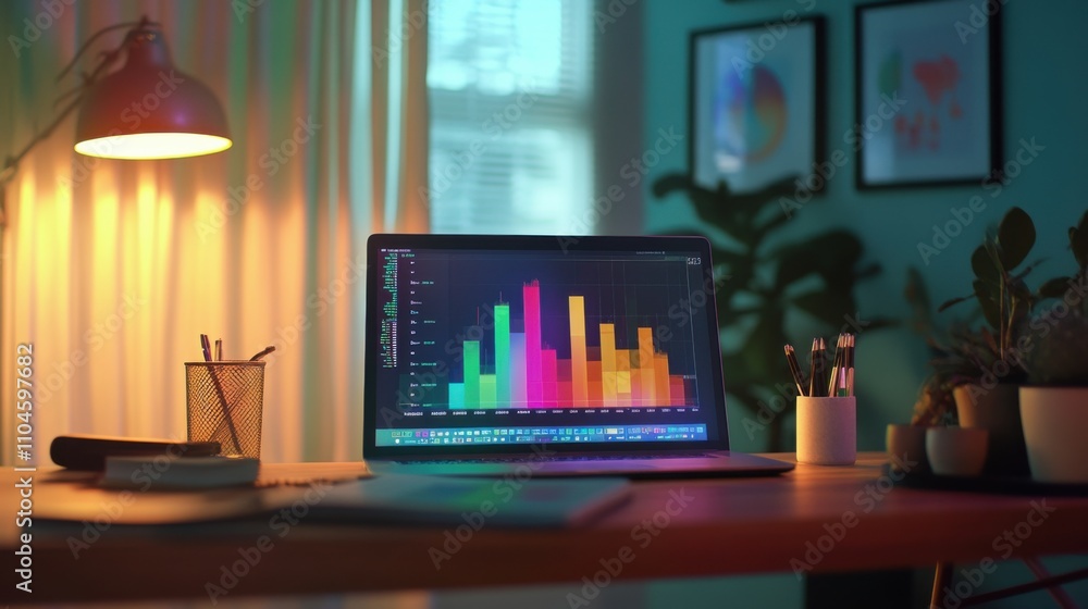 Poster modern workspace with laptop displaying colorful data visualization