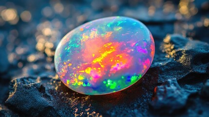 Colorful Opal Stone on Dark Rock Background Glimmering in Light