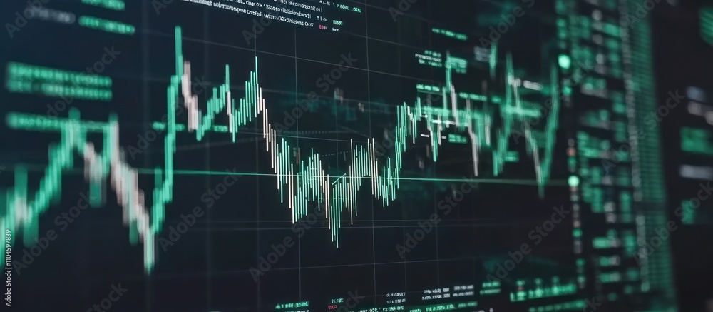 Poster a digital stock market chart displaying fluctuating prices and data analysis.