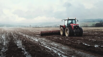 A tractor pulling a plow through a muddy field, preparing the soil for planting