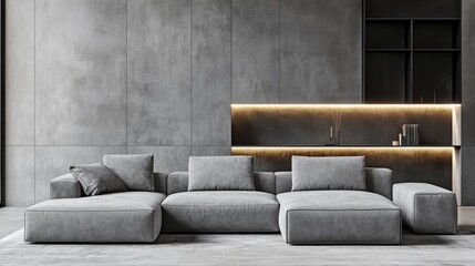 Modern Gray Sofa in Minimalist Living Room with Ambient Lighting
