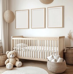 Scandinavian Nursery with Wooden Crib and Wall Decor, Minimalist Child Room Design