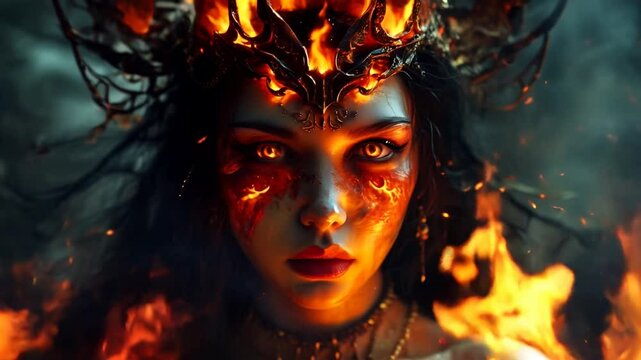 Fiery goddess face. Dark fantasy genre. Creepy witch girl face. Mystic female in other hellish world. 