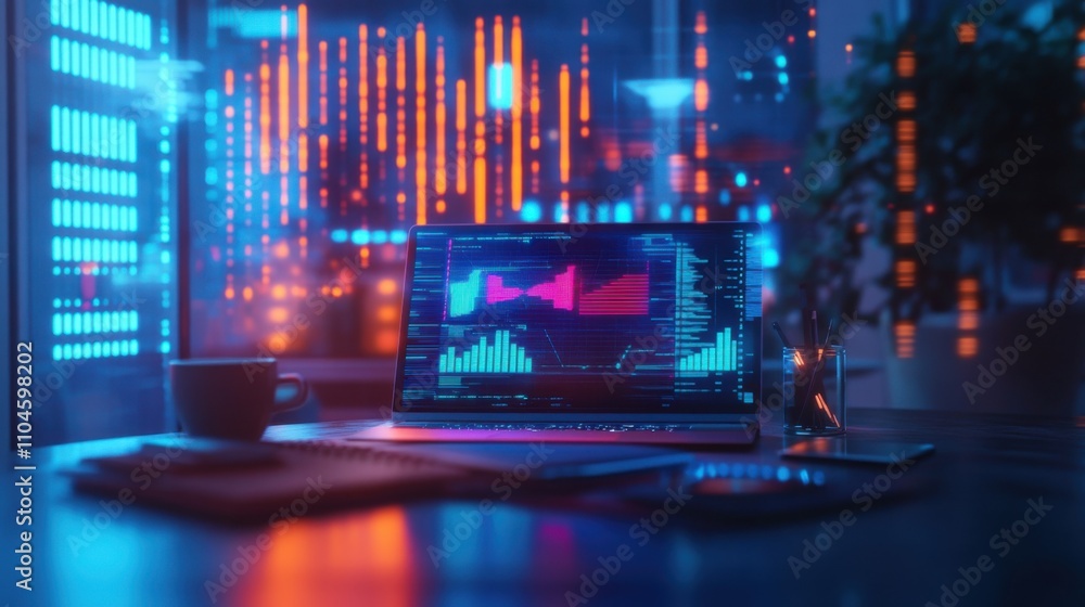 Poster modern workspace with laptop and colorful data visualization at night