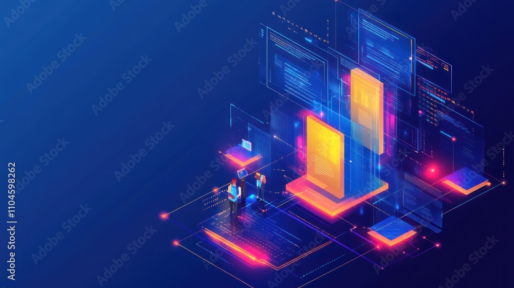 Poster a digital illustration showcasing data visualization and programming concepts in a futuristic style.