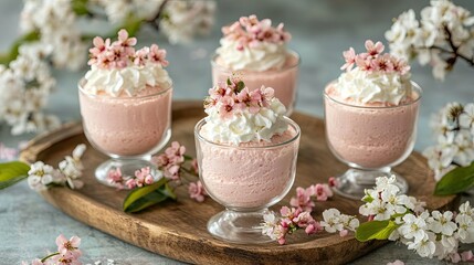 Elegant Pink Dessert Cups with Whipped Cream and Cherry Blossoms