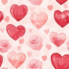  Seamless pattern of water color red and pink hearts with delicate roses on a pastel background