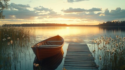 Fototapeta premium Serene Sunset Over Calm Lake with Wooden Boat
