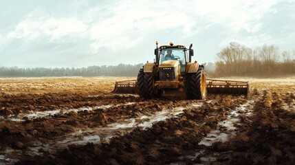Obraz premium A tractor pulling a plow through a muddy field, preparing the soil for planting