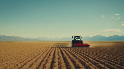 Fototapeta premium A tractor pulling a row planter in a freshly plowed field, with seeds being planted evenly