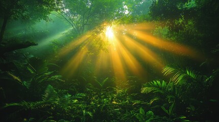 Sunbeams Through Lush Rainforest Canopy