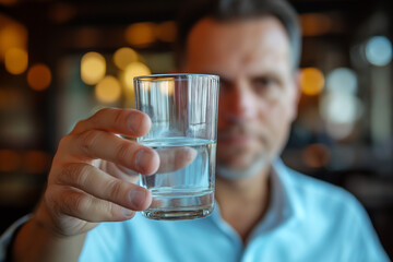 A man holding up water in his hand, with half of the glass showing a clear cup of pure, clean water.
