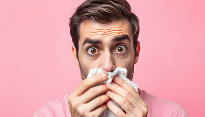 Frustrated sick unhealthy ill allergic man has red eyes runny stuffy sore nose suffer from allergy symptoms hay fever hold paper napkin use nasal drops isolated on pastel pink color background studi