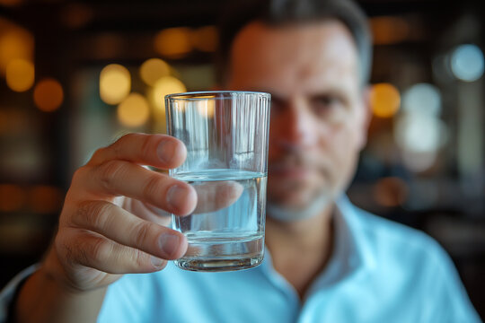 A man holding up water in his hand, with half of the glass showing a clear cup of pure, clean water.

