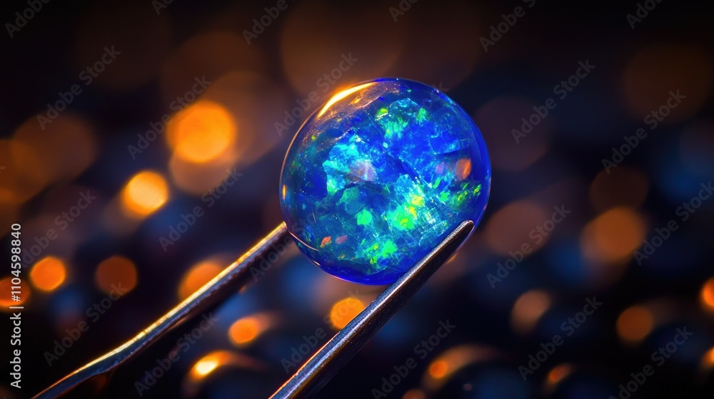 Aufkleber close-up of a blue opal with colorful sparkles and bokeh background