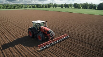 Fototapeta premium A tractor pulling a row planter in a freshly plowed field, with seeds being planted evenly