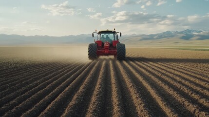 Obraz premium A tractor pulling a row planter in a freshly plowed field, with seeds being planted evenly