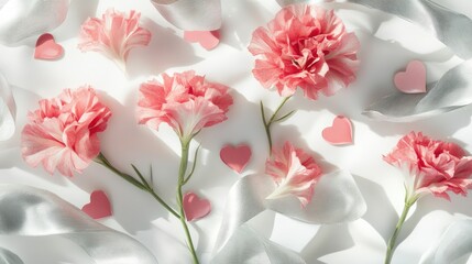 Soft Pink Carnations with Ribbons and Hearts on White Background