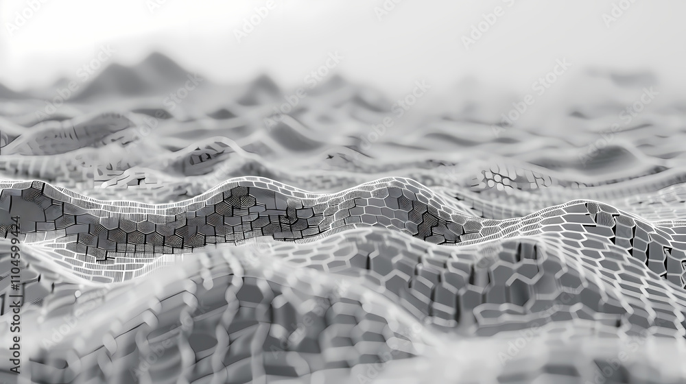 Poster abstract data landscape: monochromatic grayscale image of a textured, undulating surface evoking a s