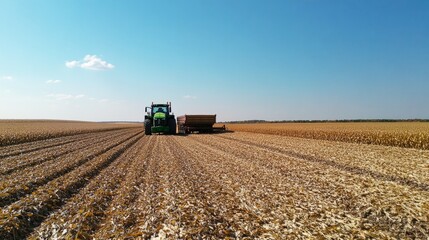 Obraz premium A tractor towing a grain cart through a harvested cornfield under a bright blue sky