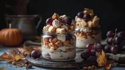 Fototapeta premium Autumn Dessert with Layered Cream, Grapes, and Crunchy Toppings